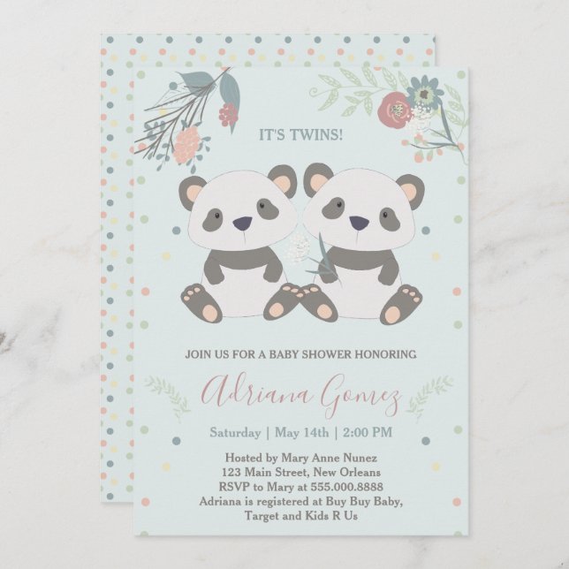 Cute Panda Bears Twins Baby Shower Invitation (Front/Back)
