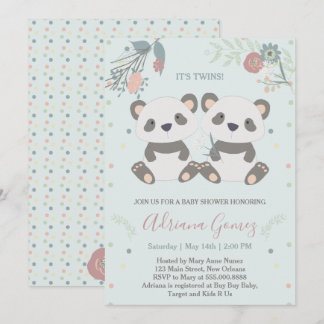 Cute Panda Bears Twins Baby Shower Invitation