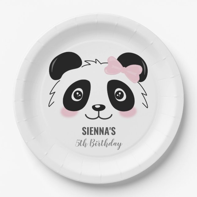 Cute Panda Birthday Baby Party Pink Black White Paper Plate (Front)