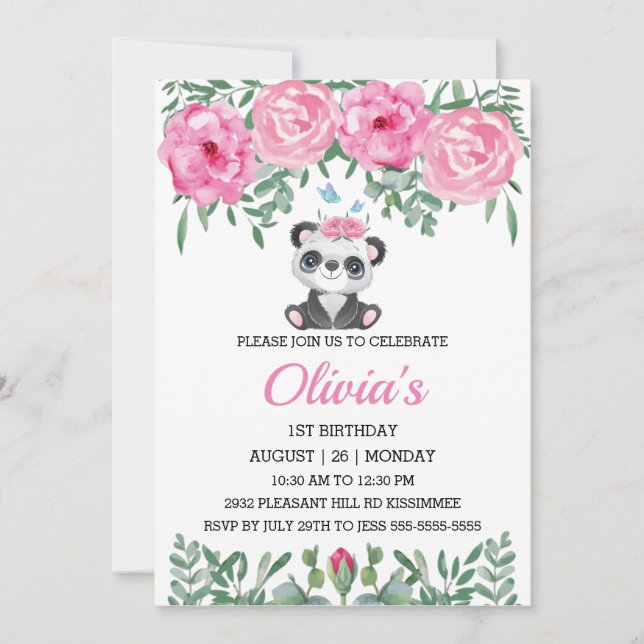 Cute Panda Birthday Invitation Pin Water Colour    (Front)