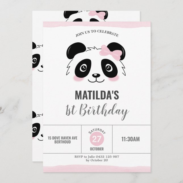 Cute Panda Birthday Party Pink Black and White Invitation (Front/Back)