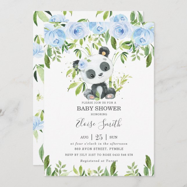 Cute Panda Blue Floral Greenery Baby Shower  Invitation (Front/Back)