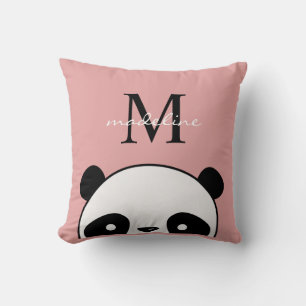 Cute Panda Blush Pink Monogram Script Cushion