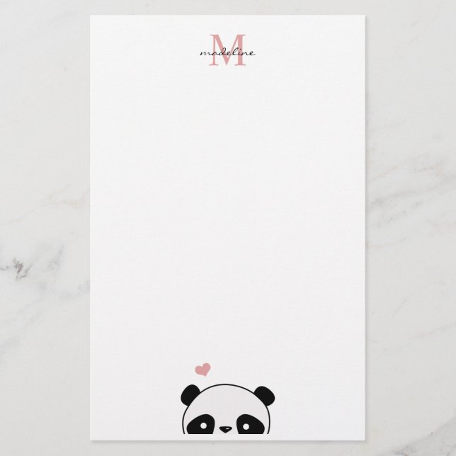 Cute Panda Blush Pink Monogram Script Stationery (Front)