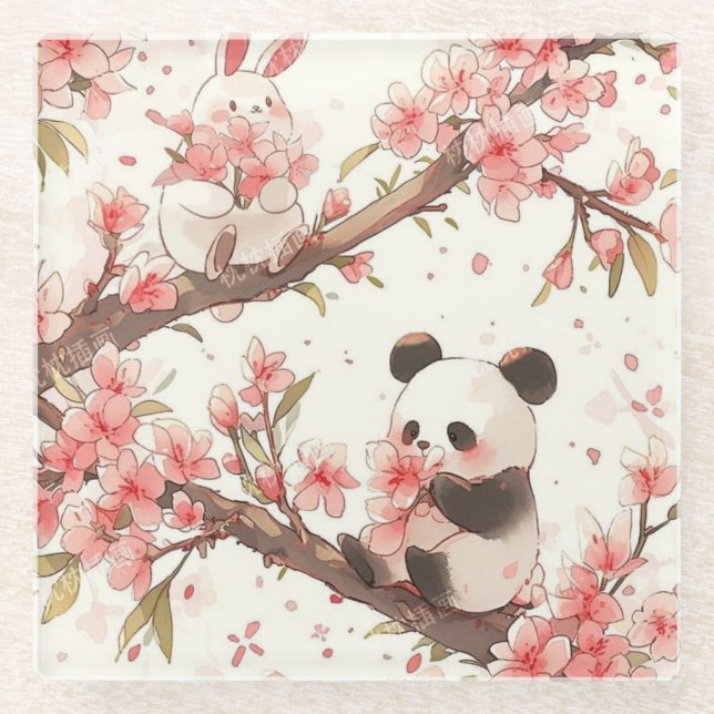 Cute Panda & Bunny Cherry Blossom Coaster | Kawai  (Front)