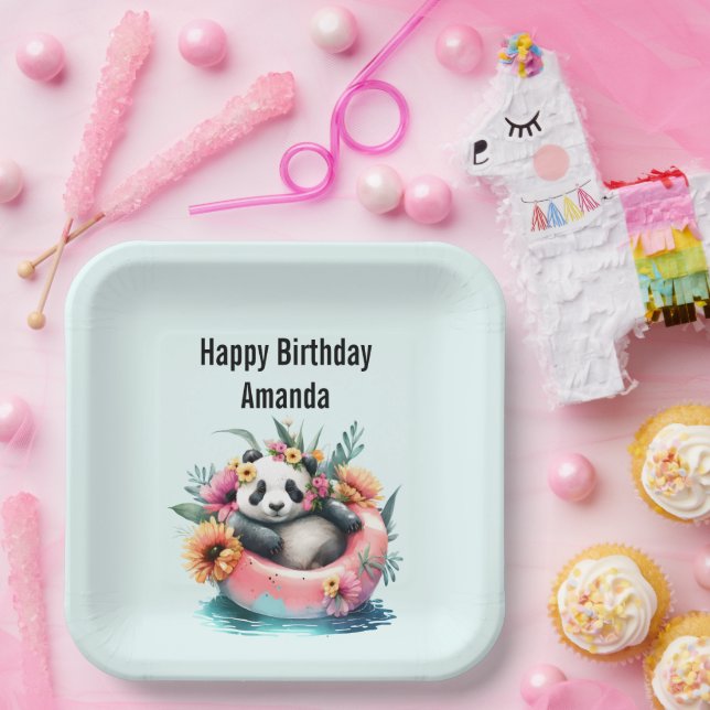 Cute Panda Chilling in an Inner Tube Birthday Paper Plate (Party)