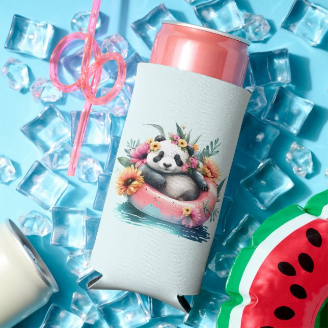 Cute Panda Chilling in an Inner Tube Seltzer Can Cooler (In Situ Summer)