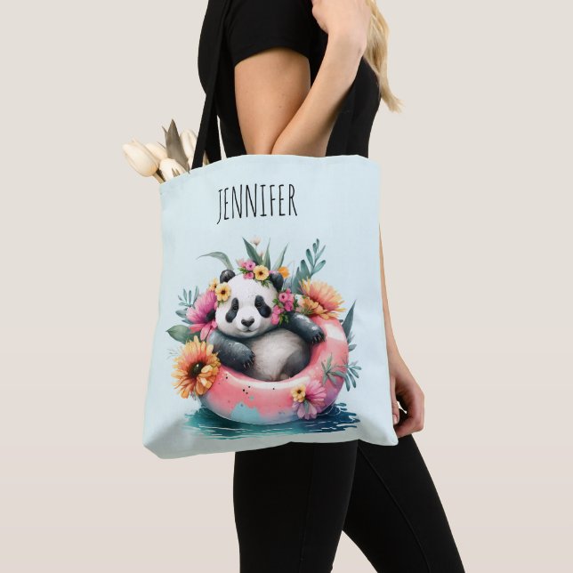 Cute Panda Chilling in an Inner Tube Tote Bag (Close Up)