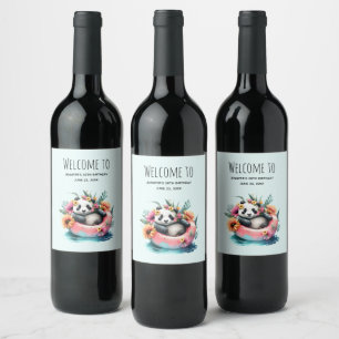 Cute Panda Chilling in an Inner Tube Welcome Wine Label