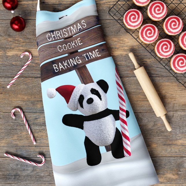 Cute Panda Christmas Cookie Baking Time Apron (A cute panda bear standing in front of a North Pole wooden sign. Change the text on this apron!)