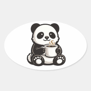Cute Panda Coffee – Kawaii Panda Holding Coffee  Oval Sticker