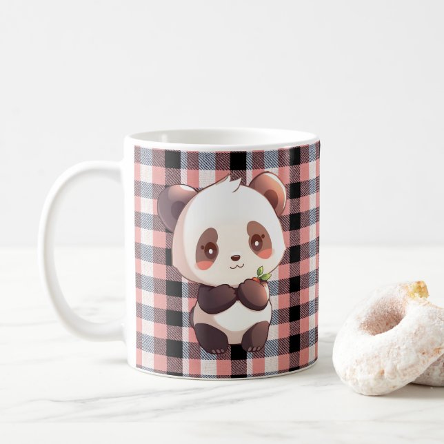 Cute Panda Coffee Mug, Pink Buffalo Plaid Cup (With Donut)