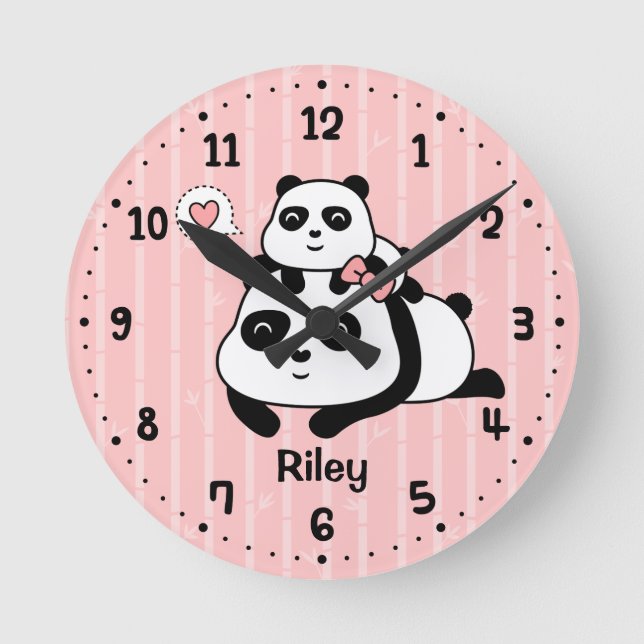 Cute Panda Cub and Mommy Kids Nursery Room Decor Round Clock (Front)