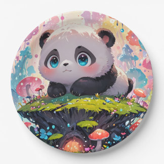 Cute Panda Cub in a Forest of Mushrooms   Paper Plate