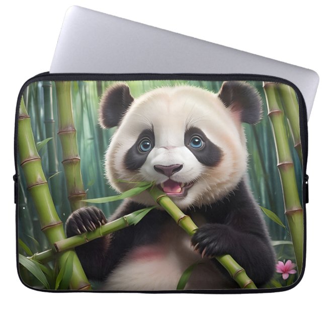 Cute Panda Eating Bamboo Laptop Sleeve (Front)