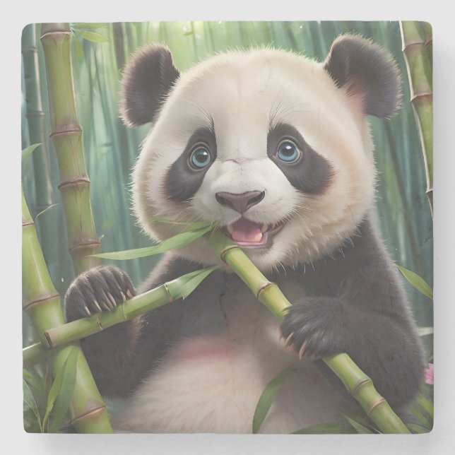 Cute Panda Eating Bamboo Stone Coaster (Front)