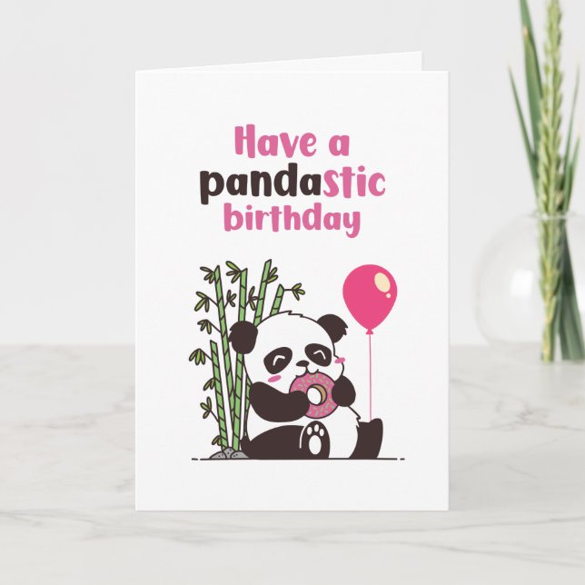 Cute Panda Eating Doughnut Pandastic Funny Birthda Card (Front)