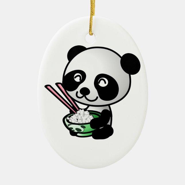 Cute Panda Eating Rice from Bowl with Chopsticks Ceramic Tree Decoration (Front)