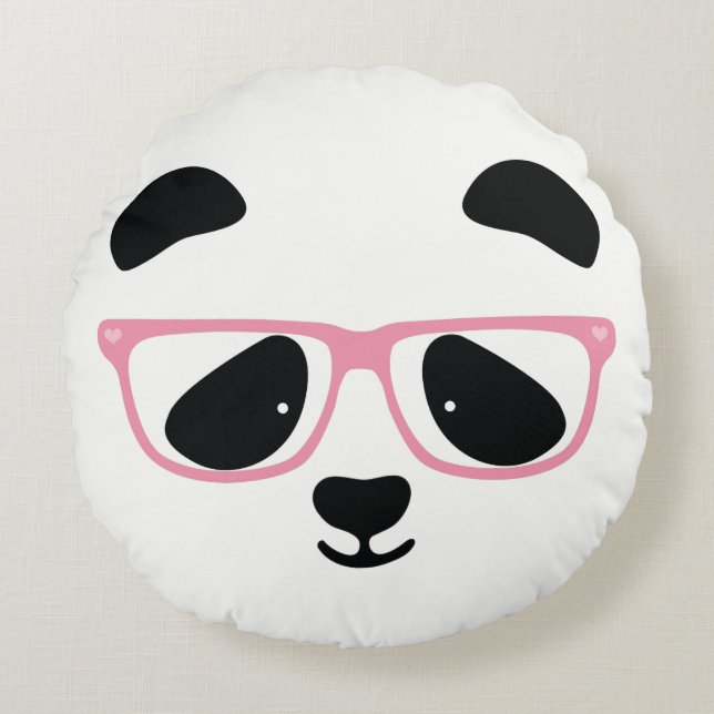 Cute Panda Face with Pink Glasses Round Cushion (Front)