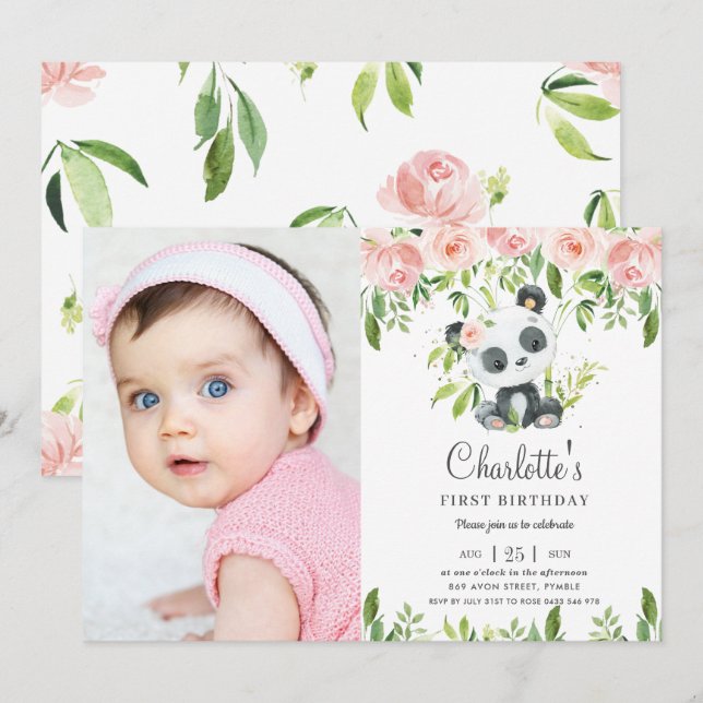 Cute Panda Floral Greenery 1st Birthday Girl Photo Invitation (Front/Back)