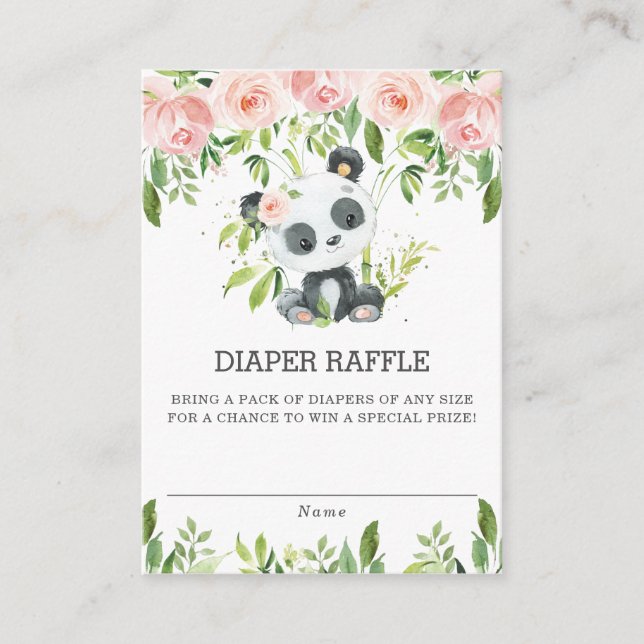 Cute Panda Floral Greenery Diaper Raffle Ticket Enclosure Card (Front)