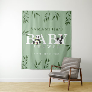 Cute Panda & Foliage Neutral Baby Shower Back Drop Tapestry