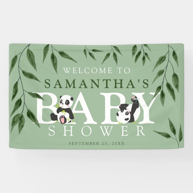Cute Panda & Foliage Neutral Baby Shower Banner (Horizontal)