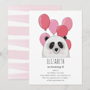 Cute panda. Funny animal. Pink kids birthday party Invitation
