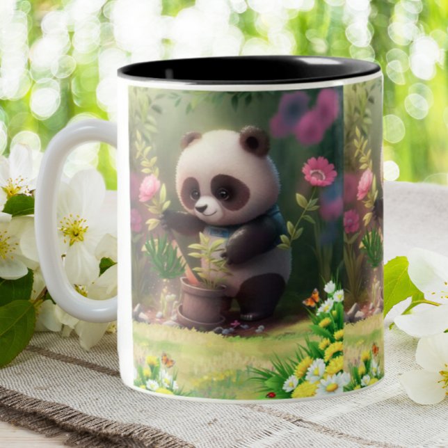 Cute Panda gardening Flowers Butterflies Art Two-Tone Coffee Mug (Creator Uploaded)