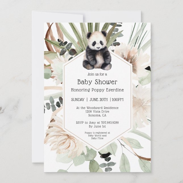 Cute Panda Greenery Baby Shower Gender Neutral Invitation (Front)