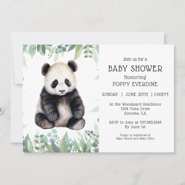 Cute Panda Greenery Baby Shower Gender Neutral Invitation (Front)