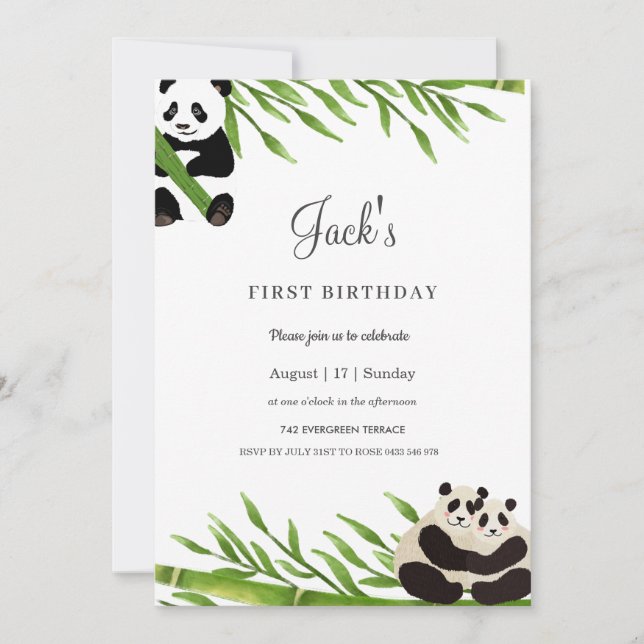  Cute Panda Greenery Bamboo Birthday Party Invitation (Front)