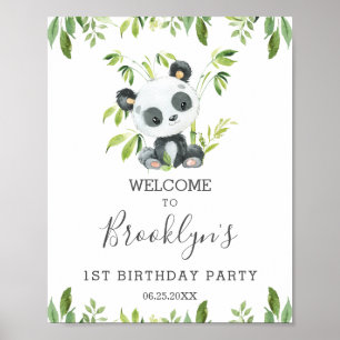 Cute Panda Greenery Birthday Party Neutral Welcome Poster