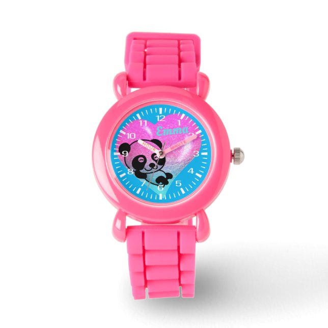 Cute Panda Heart Pink Glitter Bracelet Girls' Watch (Front)