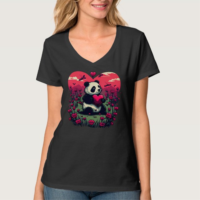 Cute Panda Holding Heart - Valentine's Day Gift T-Shirt (Front)
