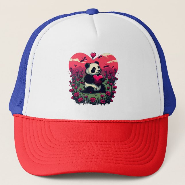 Cute Panda Holding Heart - Valentine's Day Gift Trucker Hat (Front)