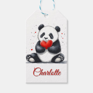 Cute Panda Holding Heart with Customizable Name Gift Tags