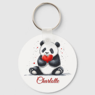 Cute Panda Holding Heart with Customizable Name Key Ring