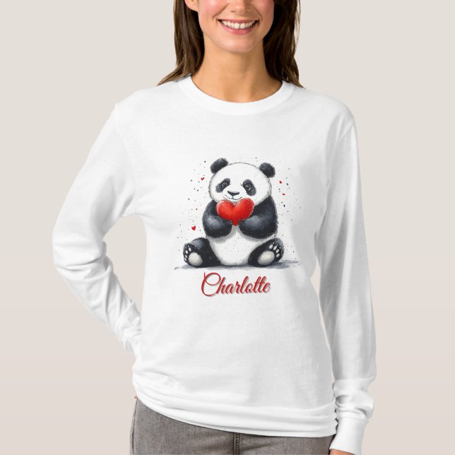 Cute Panda Holding Heart with Customizable Name T-Shirt (Front)