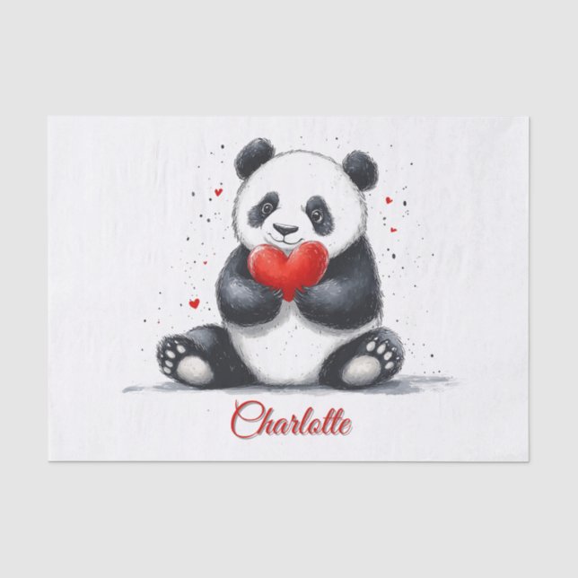 Cute Panda Holding Heart with Customizable Name Tissue Paper (Front)