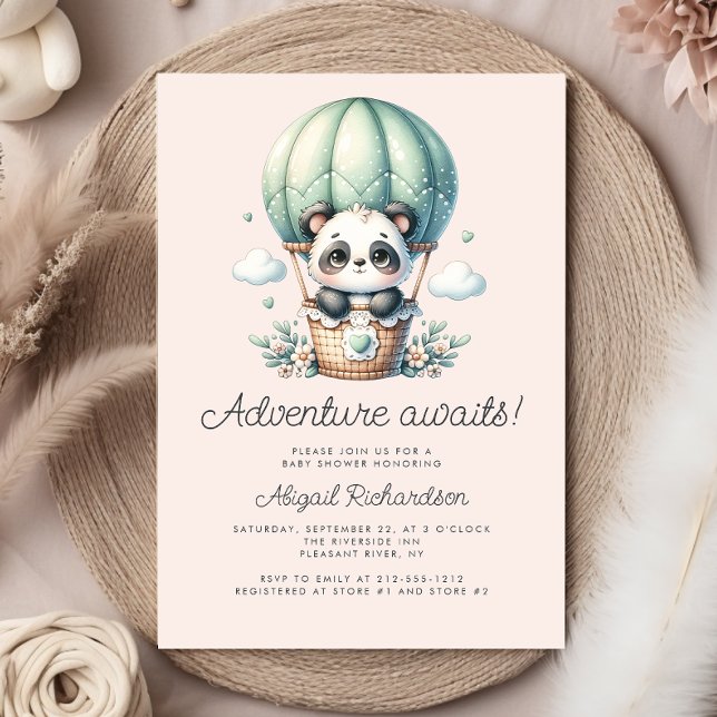 Cute Panda Hot Air Balloon Mint Green Baby Shower Invitation (Creator Uploaded)