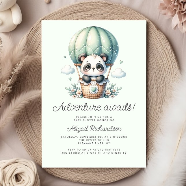 Cute Panda Hot Air Balloon Mint Green Baby Shower Invitation (Creator Uploaded)