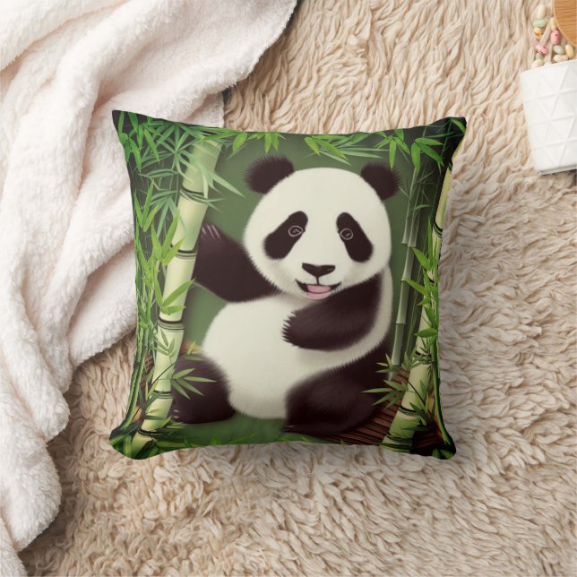 Cute Panda In A Bamboo Forest Throw Pillow (Blanket)