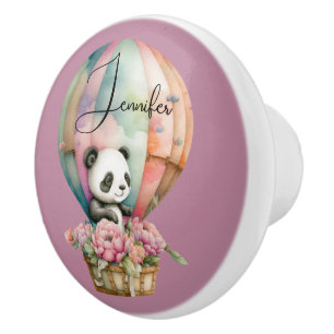 Cute panda in a hot air balloon on pink bg custom ceramic knob