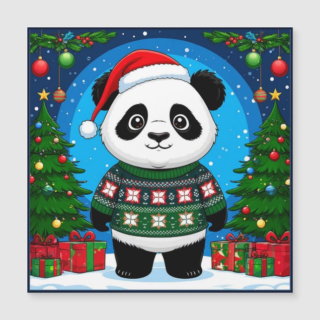 Cute Panda In Christmas Sweater Wears Santa Hat (Front)
