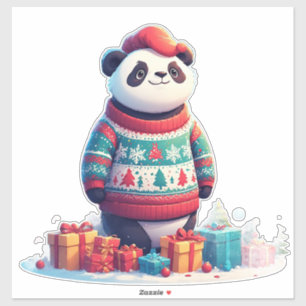 Cute Panda In Christmas Sweater Wears Santa Hat