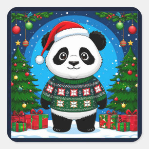 Cute Panda In Christmas Sweater Wears Santa Hat Square Sticker