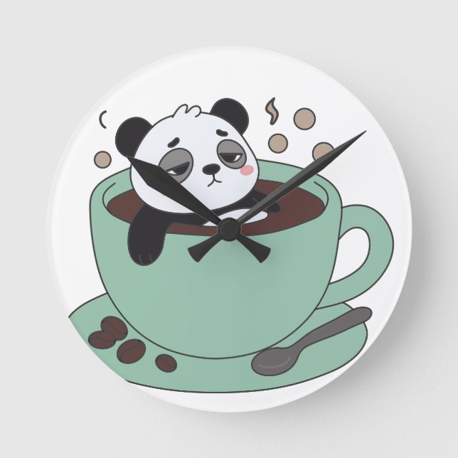 Cute Panda In Coffee Cup Coffee Lover Gift Round Clock (Front)