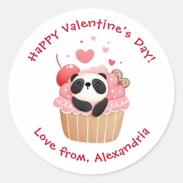 Cute Panda in Cupcake Custom Kids Valentine's Day Classic Round Sticker (Front)
