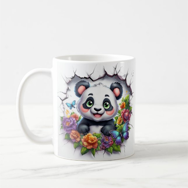 Cute Panda Joyfully Emerging Through Cracked Wall Coffee Mug (Left)